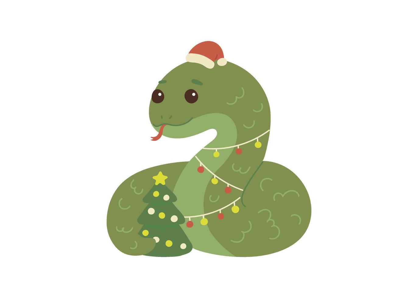 Cute green snake animal kawaii character in winter, symbol 2025 year. Wild reptile with tongue, serpent. Cartoon hand drawn style for children. illustration vector