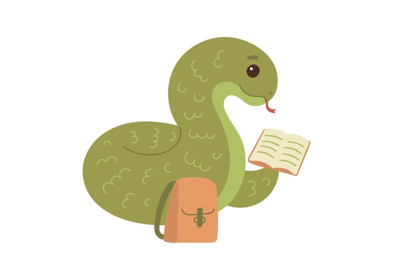 Cute green snake animal kawaii character in autumn, symbol 2025 year. Wild reptile with tongue, serpent. Cartoon hand drawn style for children. illustration vector