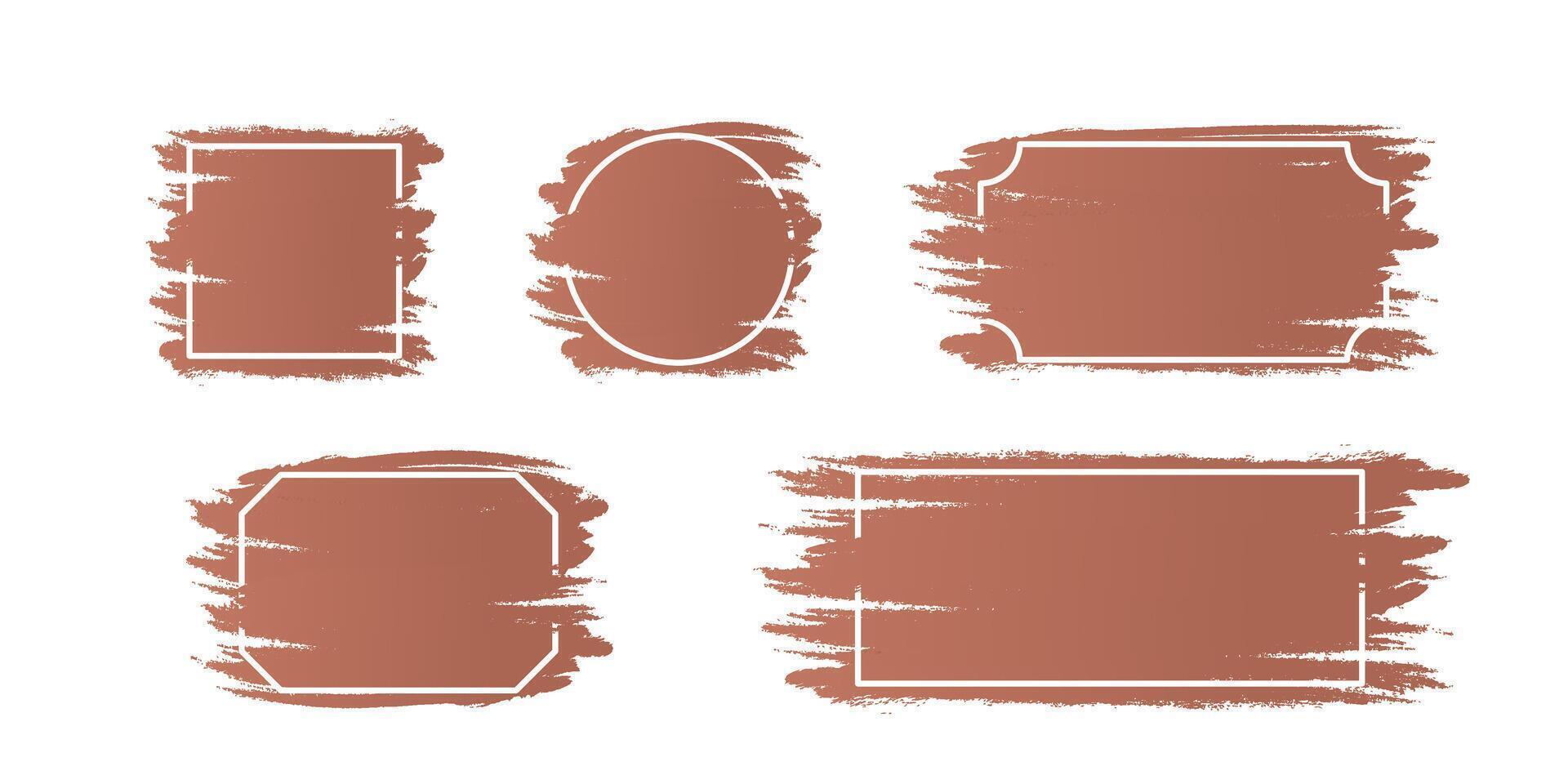 Decorative white line frames with mocha mousse, brown color background for note text. Abstract monochrome design, copy space. Grunge paintbrush and rectangle, circle, square shape illustration vector