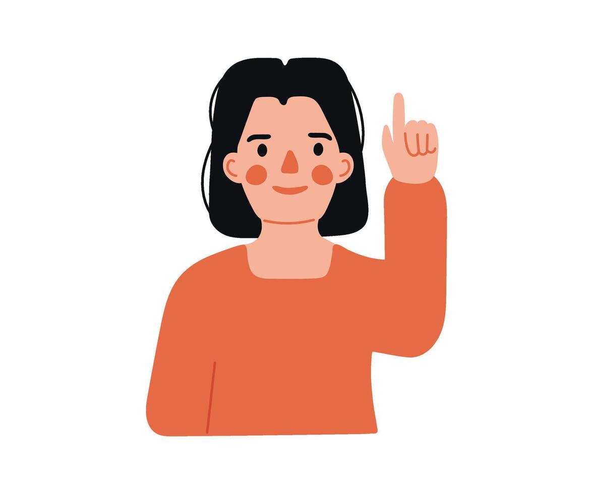 Girl points, directs and shows with her finger. Gesture to look up. Indicate with hand. Character indicates attention. flat isolated illustration vector