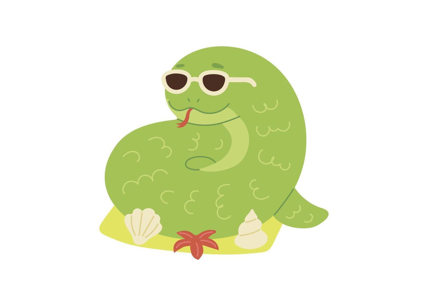 Cute green snake animal kawaii character in summer, symbol 2025 year. Wild reptile with tongue, serpent. Cartoon hand drawn style for children. illustration vector
