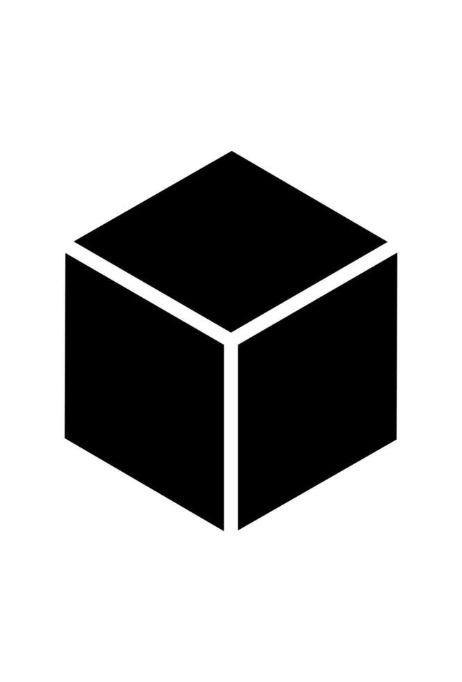 A simple, solid black cube icon. Isometric black box graphic representing a three-dimensional shape vector