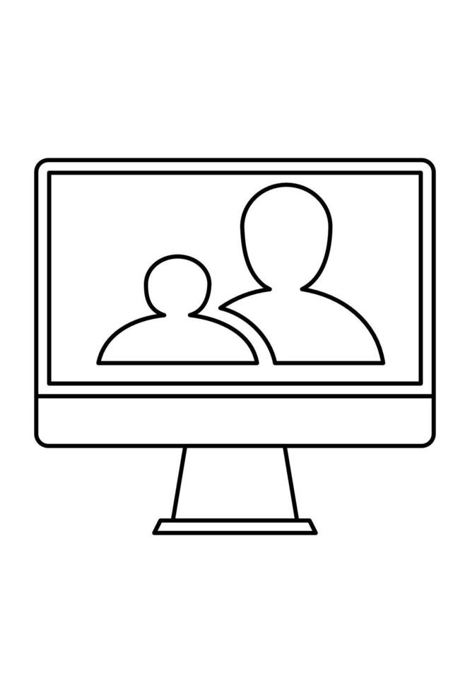 Monitor showing two user outlines, symbolizing online meeting. conference icon, computer display with two person silhouettes vector