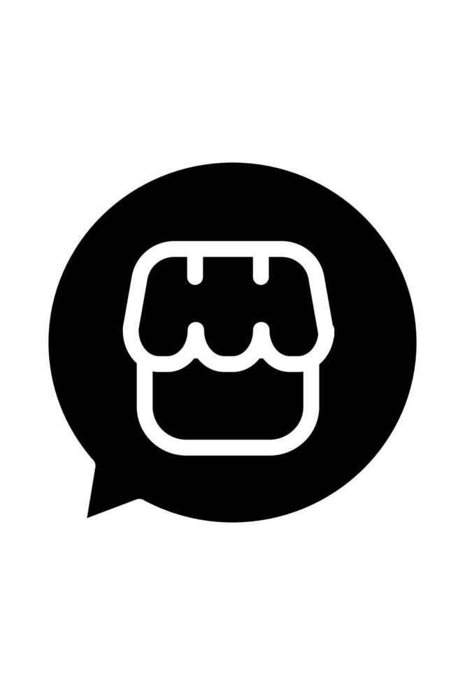 Black and white shop bubble icon. Storefront chat symbol, simple design vector