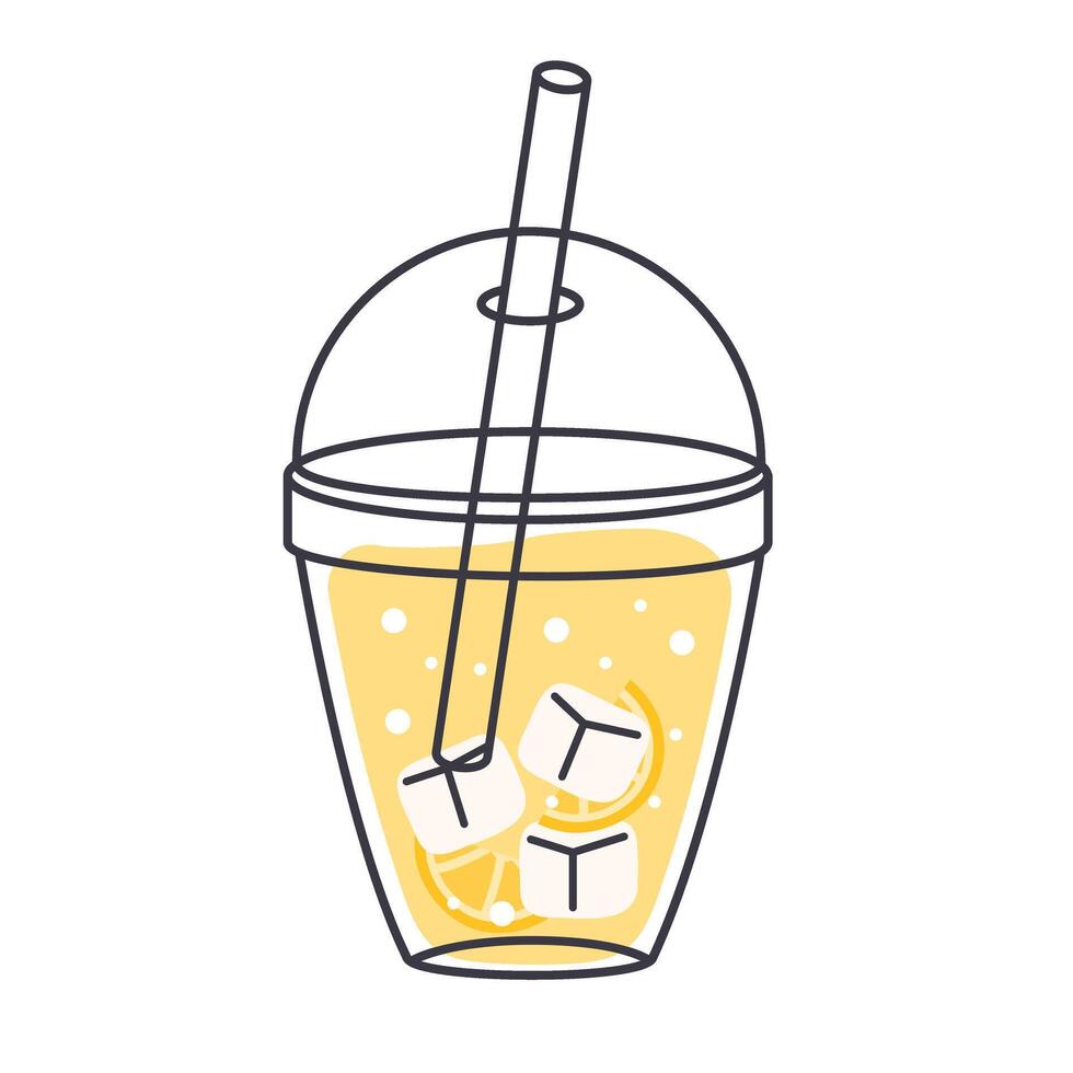 Lemonade in plastic cup with straw, ice cubes, refreshing drink, icon hand drawn style vector