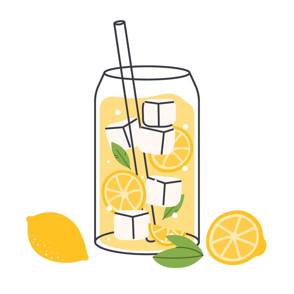 Lemonade refreshment drink, lemon soda in glass with straw and mint, icon hand drawn style vector