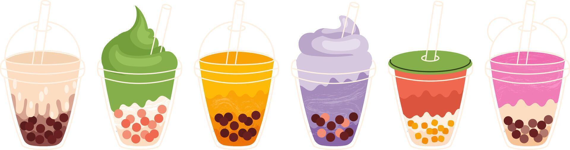 Bubble tea drinks with tapioca pearls and straws hand drawn illustration set vector