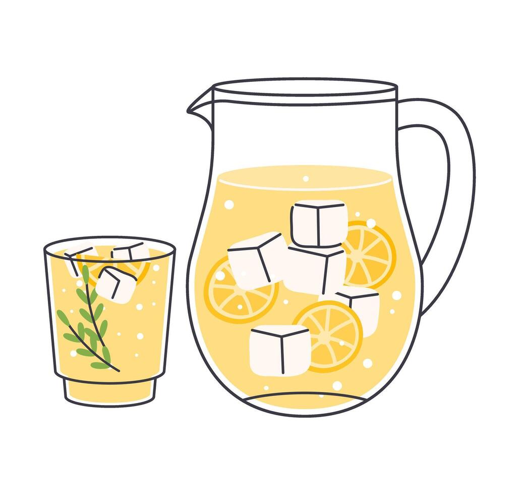 Summer lemonade, soda refreshment drinks in glasses with ice and lemon, hand drawn set vector