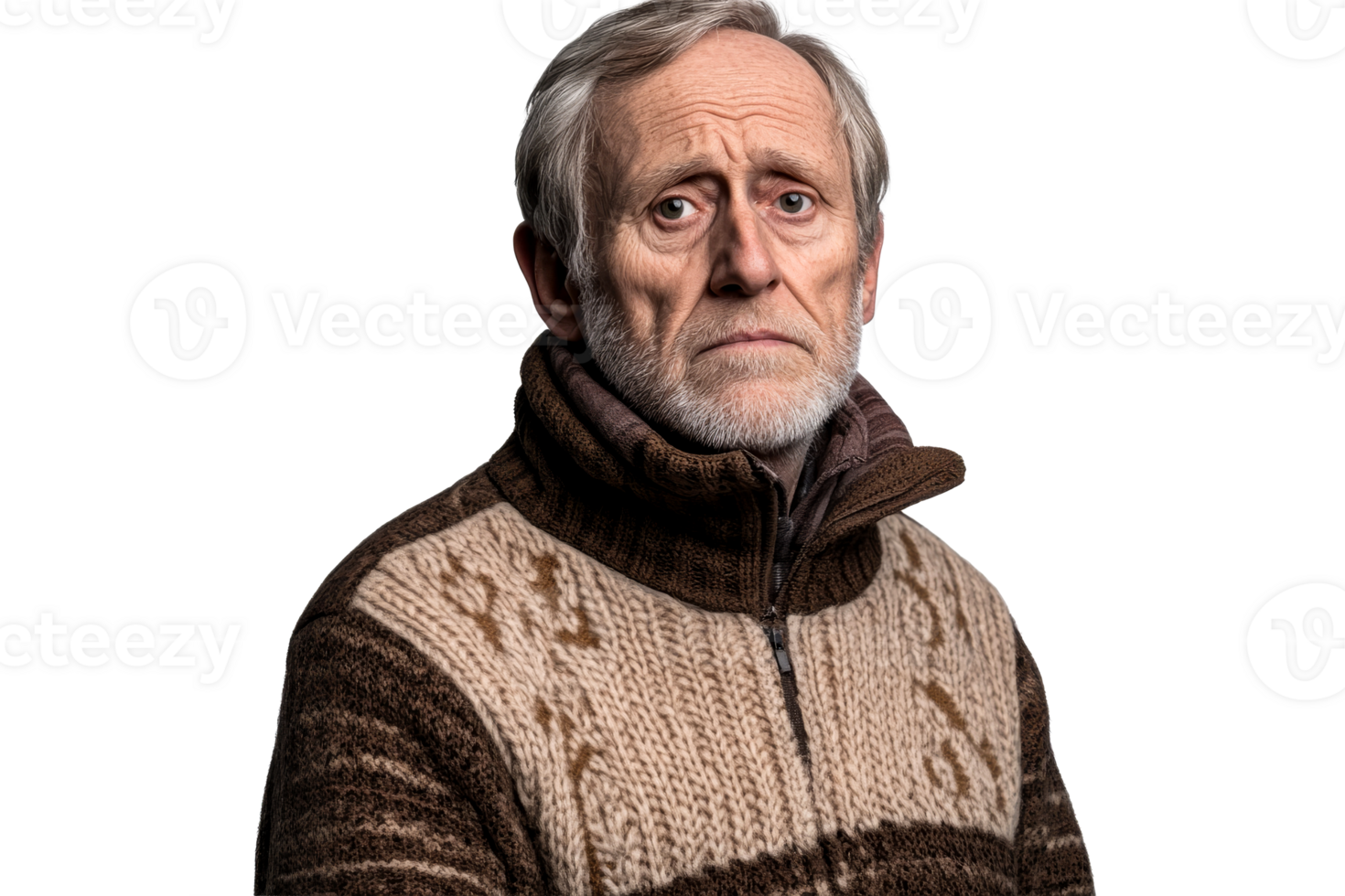 Somber Senior, Gray Hair, Knitted Sweater, Expressive Pose, cut out transparent png