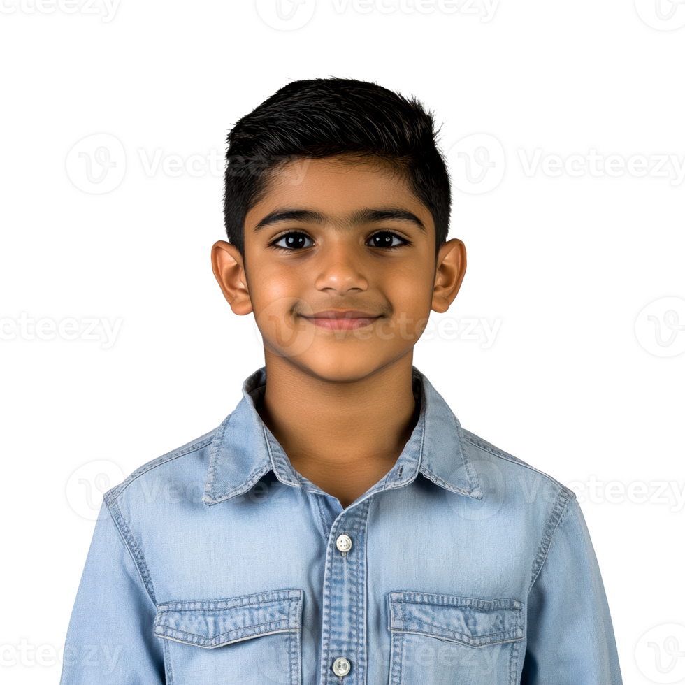 Portrait of an Indian boy smiling in denim shirt, cut out transparent png