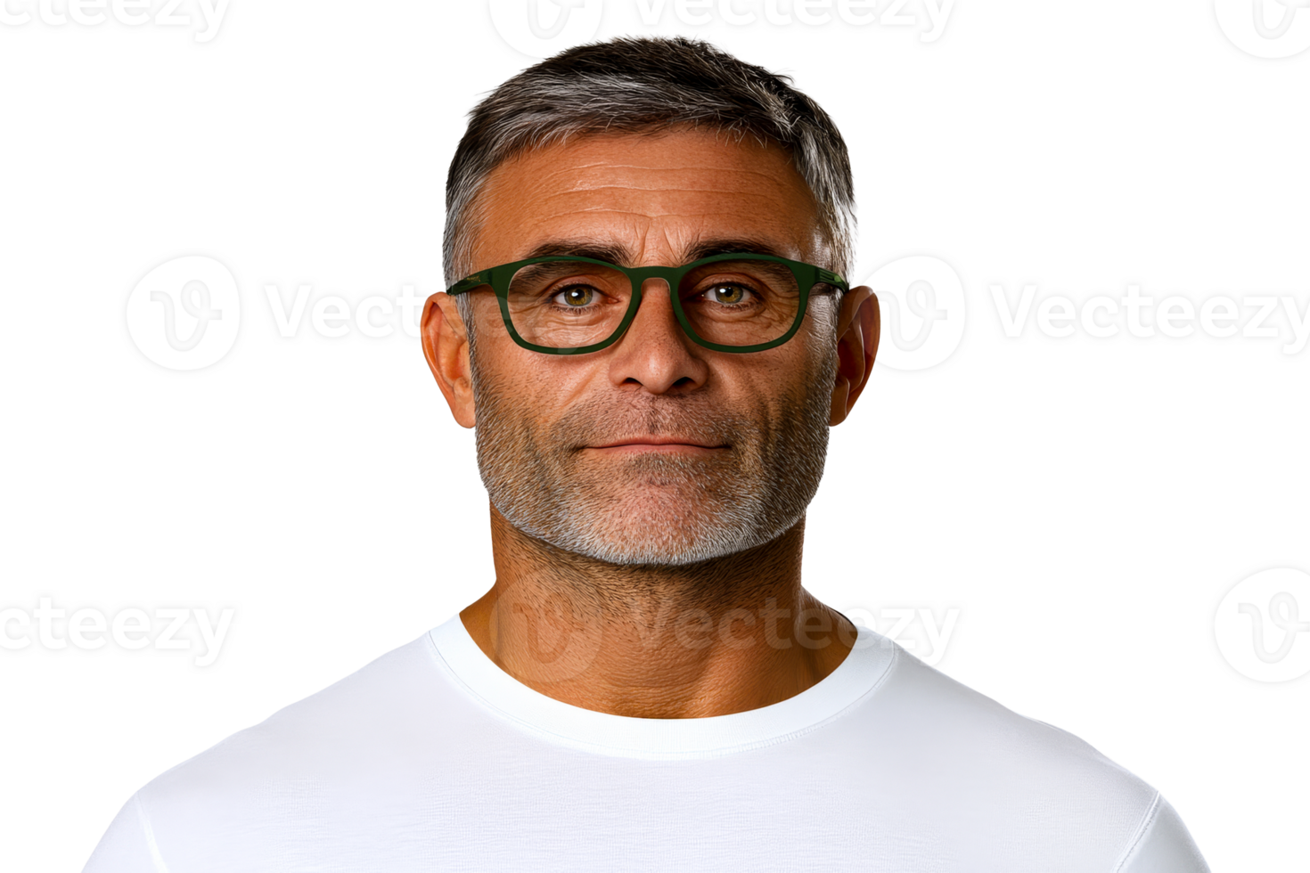 Mature man wearing green glasses, headshot portrait, cutout transparent png