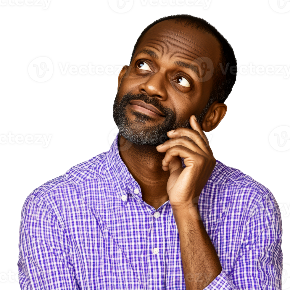 Pensive African man looking upward, pondering a decision, cut out transparent png