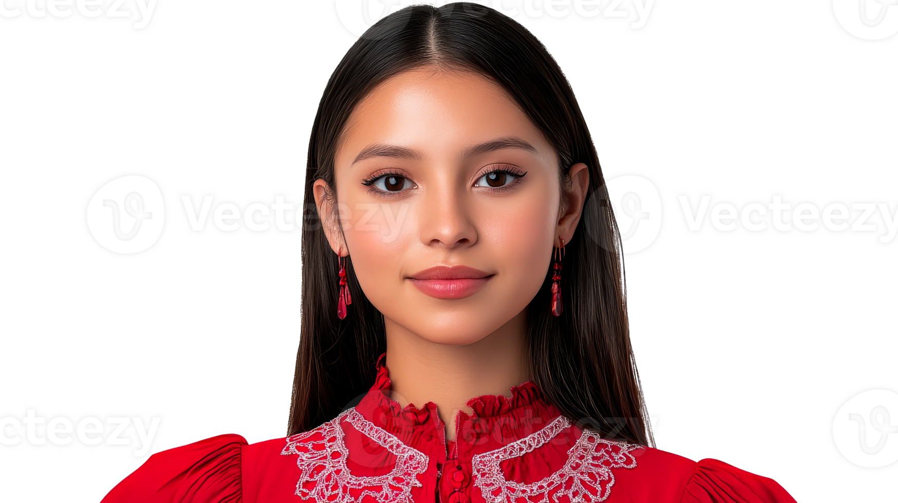 Glamorous Hispanic woman portrait, red dress, jewelry, cut out transparent png