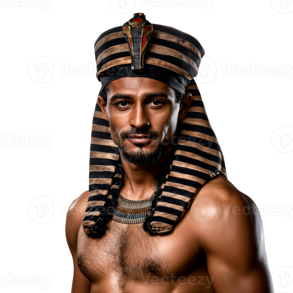 Indian man, pharaoh costume, looking at camera, bare chest, cut out transparent png