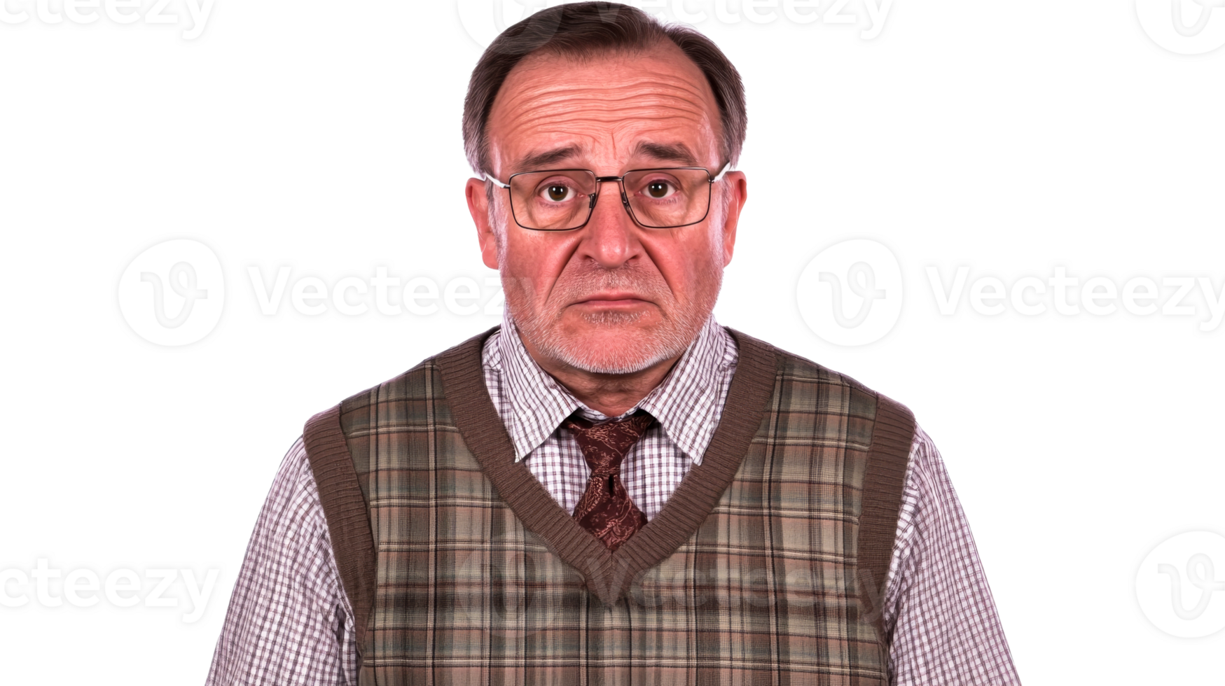 Worried senior man in glasses, plaid vest, tie, cut out transparent png