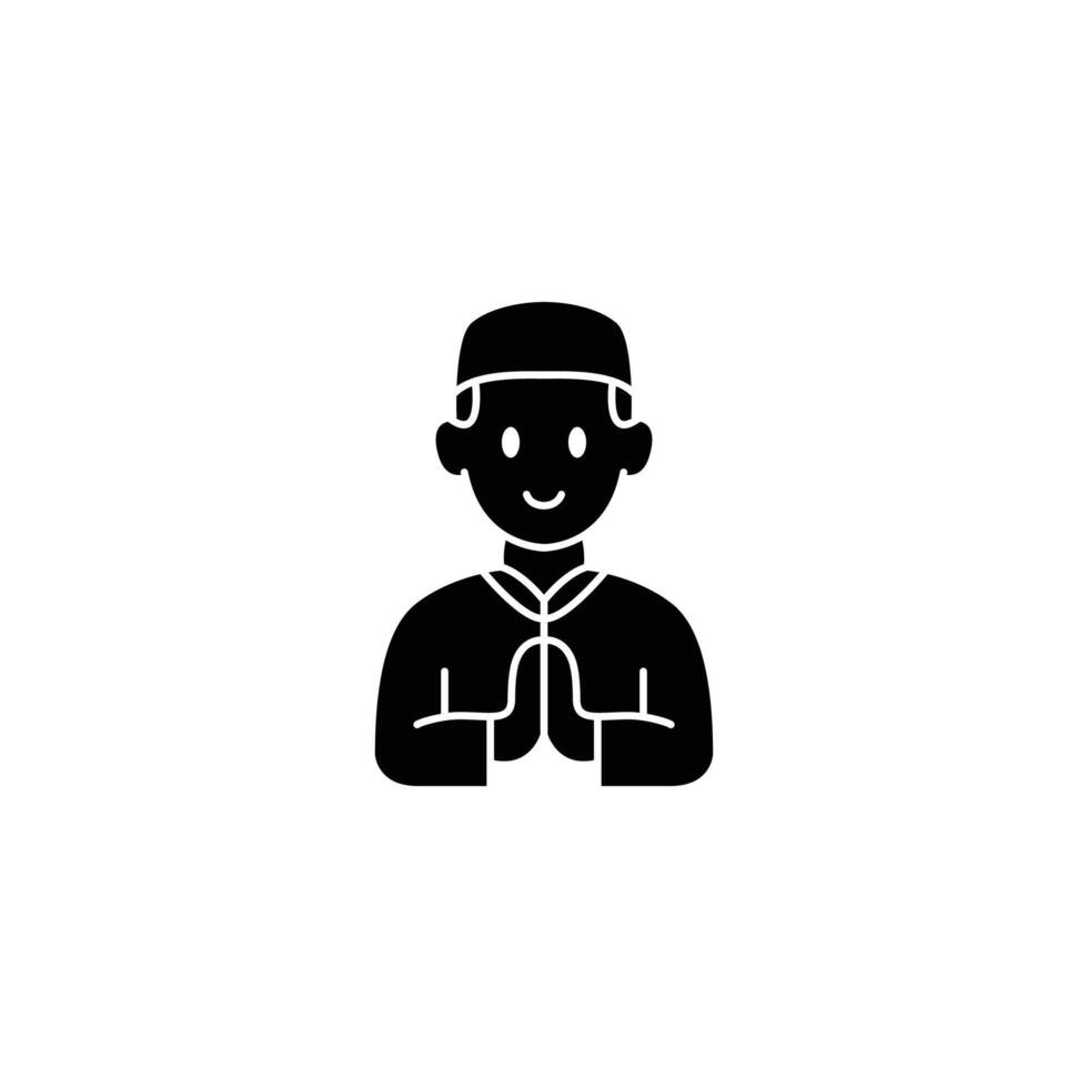A simple black and white icon depicting a smiling Muslim boy in traditional clothing, offering a respectful greeting. vector