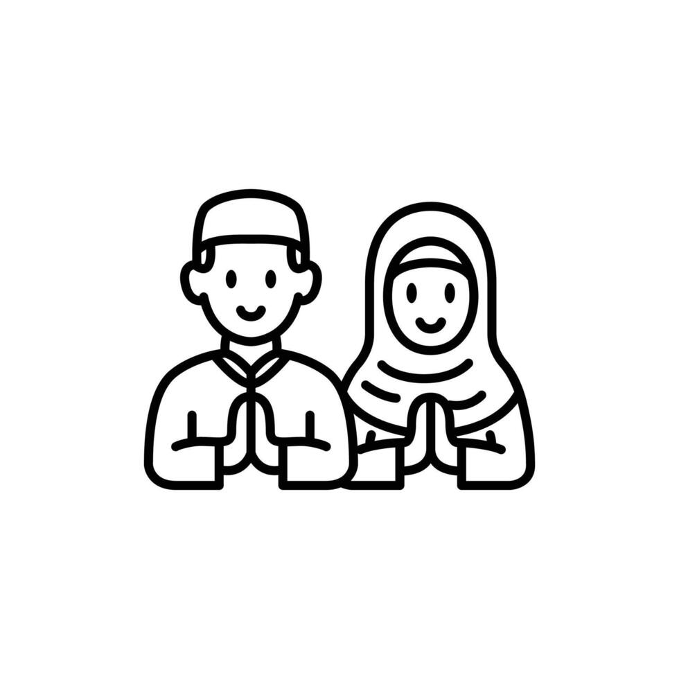Line art illustration of a Muslim man and woman in traditional clothing, expressing a respectful greeting. vector