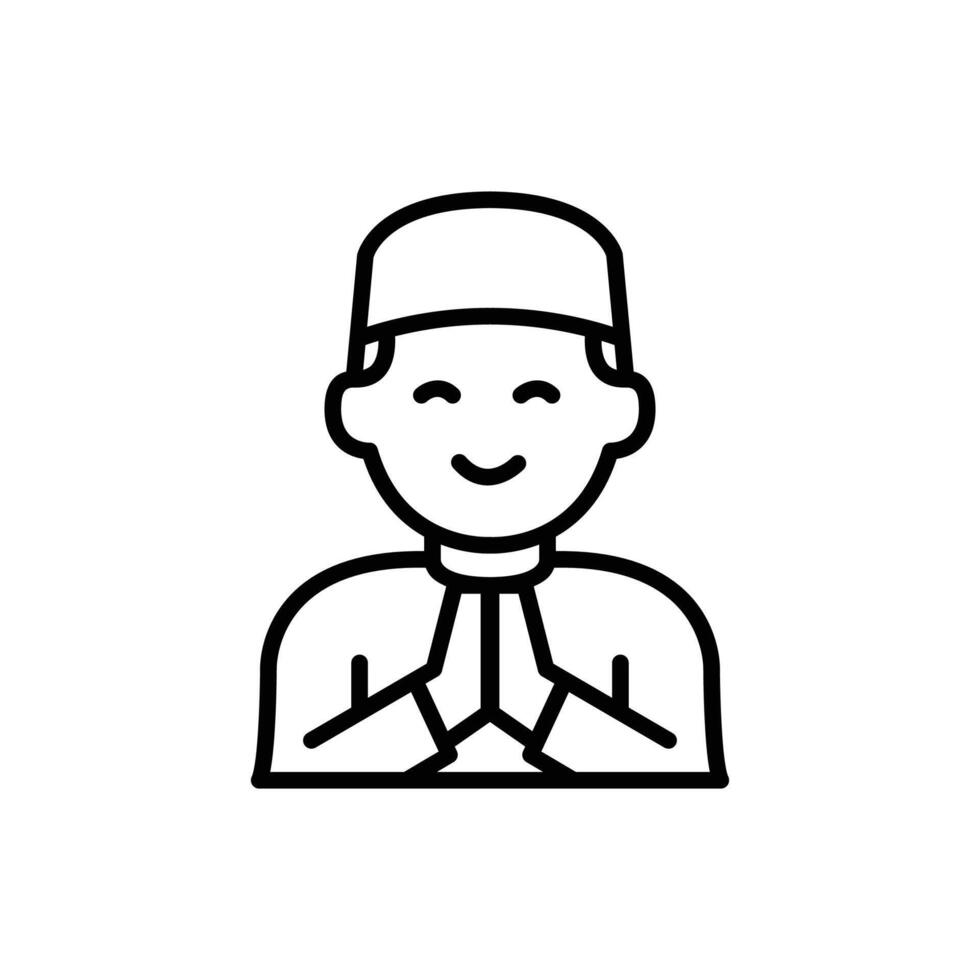 Line art illustration of a smiling Muslim man, hands pressed together in prayer or greeting. vector