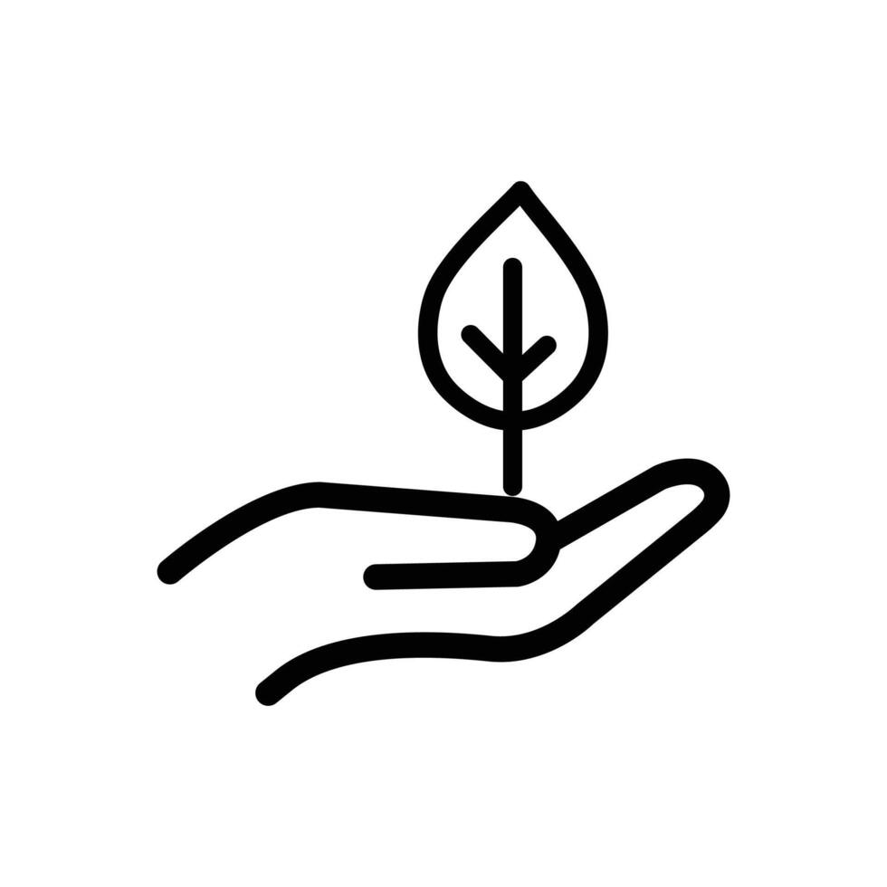 A simple line art graphic shows a hand gently holding a small plant, representing environmental care. vector