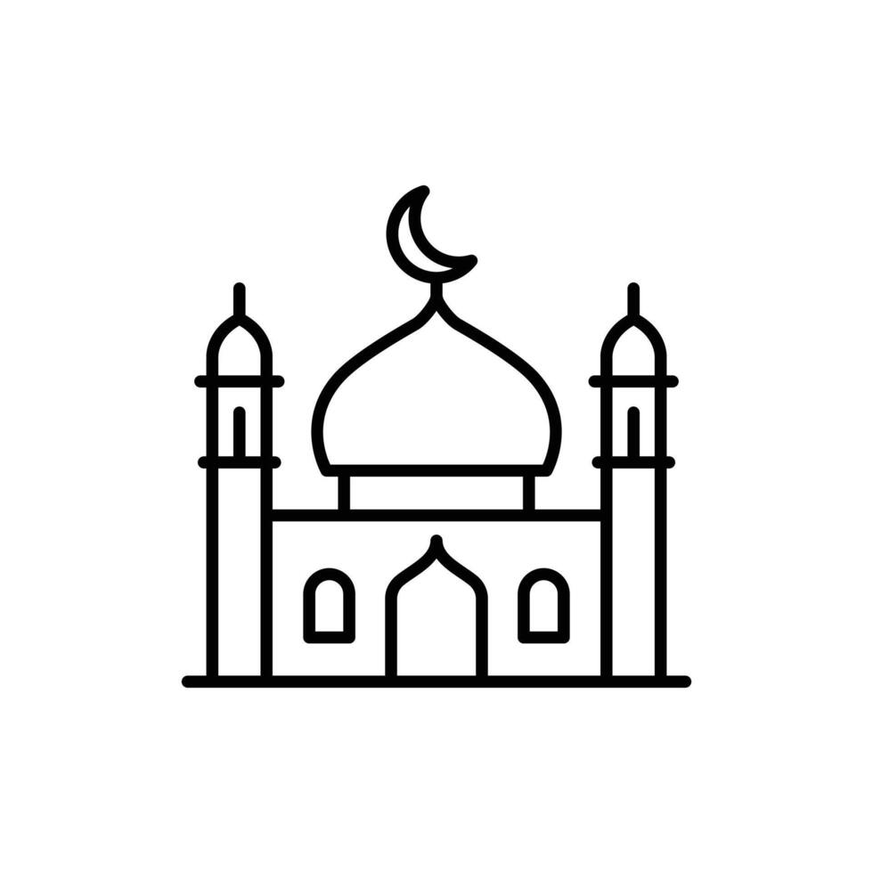 Simple line drawing of a mosque, featuring a dome, minarets and crescent moon. vector