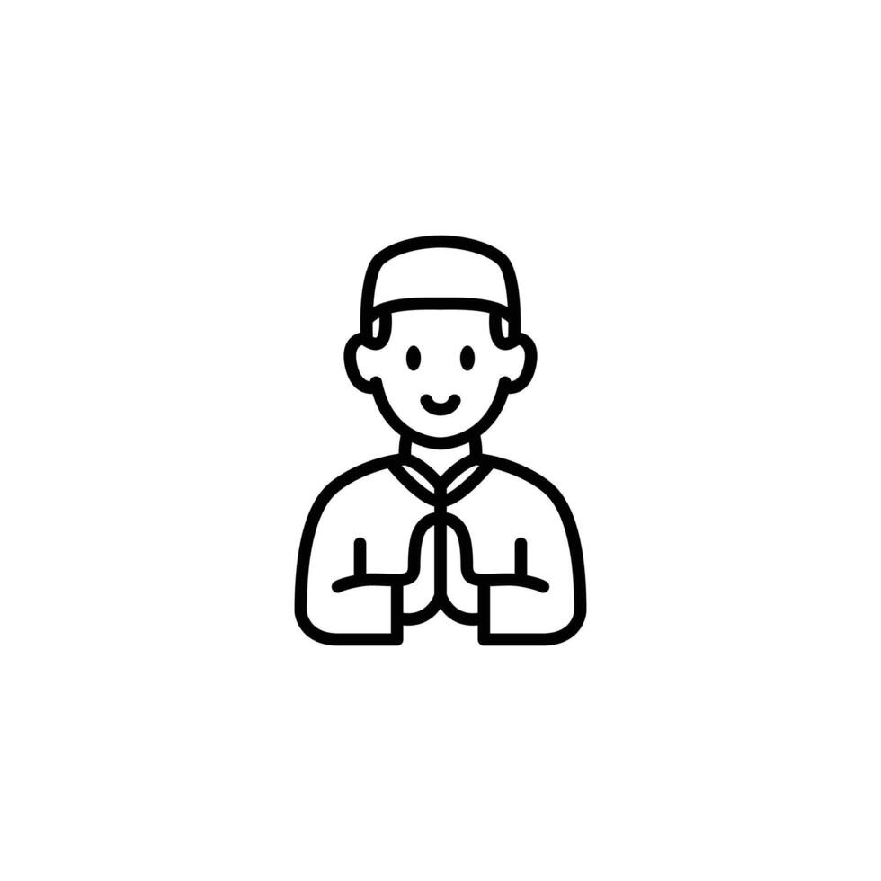 A simple line art illustration of a smiling boy in traditional Muslim attire, performing a respectful salutation. vector