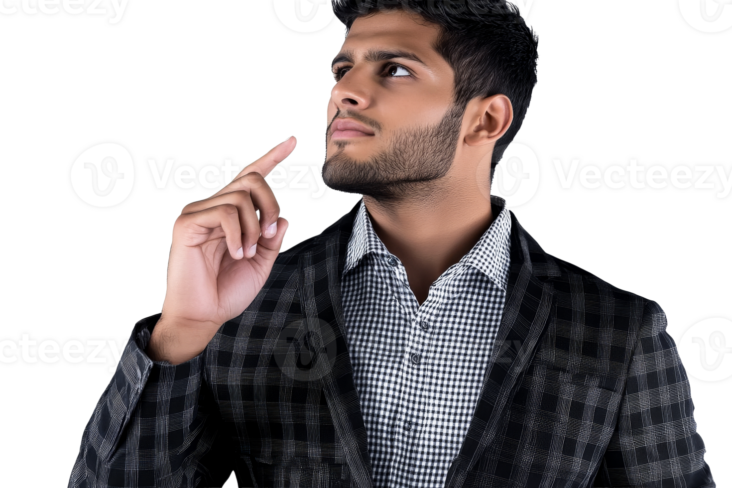 Indian man in jacket with finger up, looking, cut out transparent png