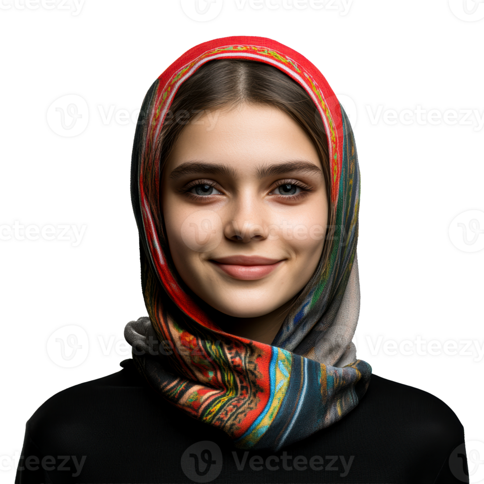 Teen female with patterned headscarf portrait, isolated, cut out transparent png