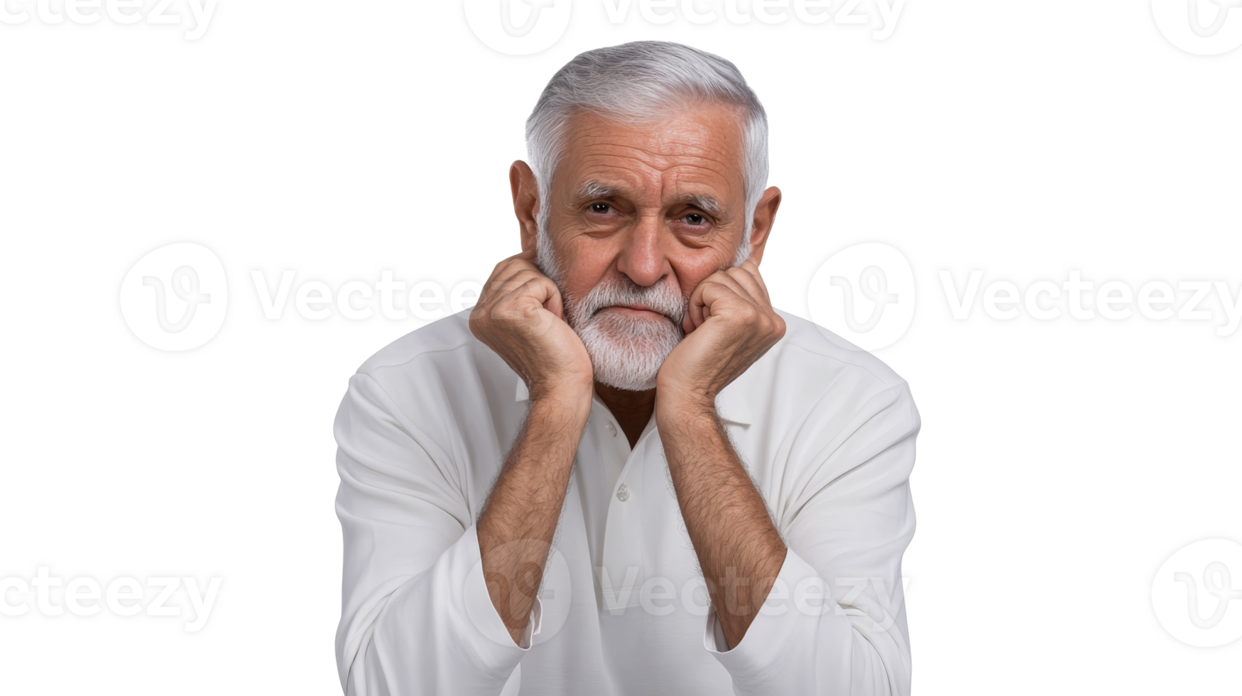 Pensive Senior Man with Hands on Face, Isolated, cut out transparent png