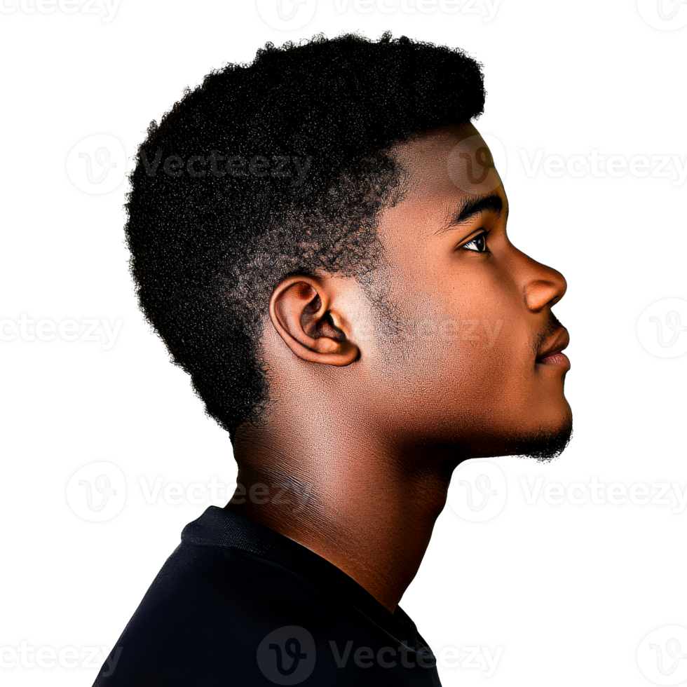 African male, young adult, headshot, profile view, dark shirt, cut out transparent png