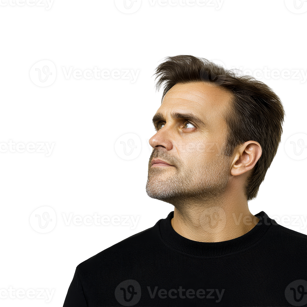 Pensive man looking up, headshot, dark shirt, cutout transparent png