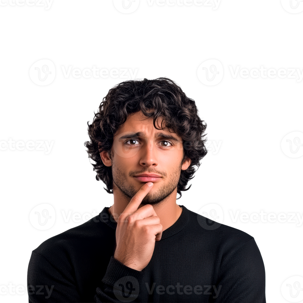 Thoughtful Latino man with curly hair ponders deeply, cut out transparent png