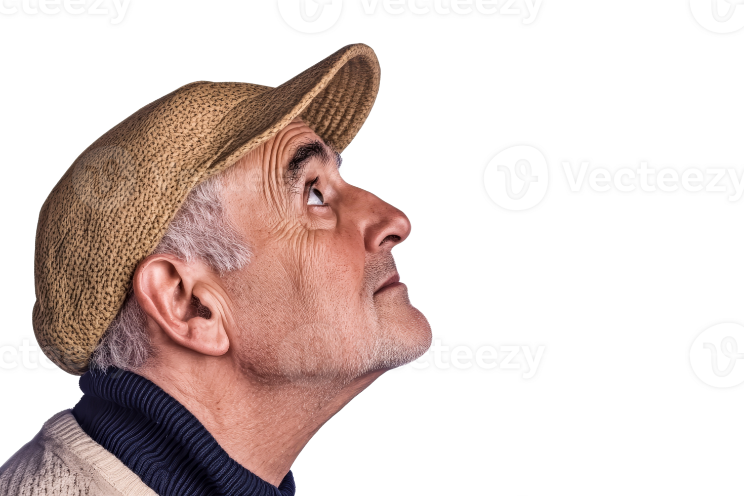 Senior person looking upward, wearing cap, cut out transparent png