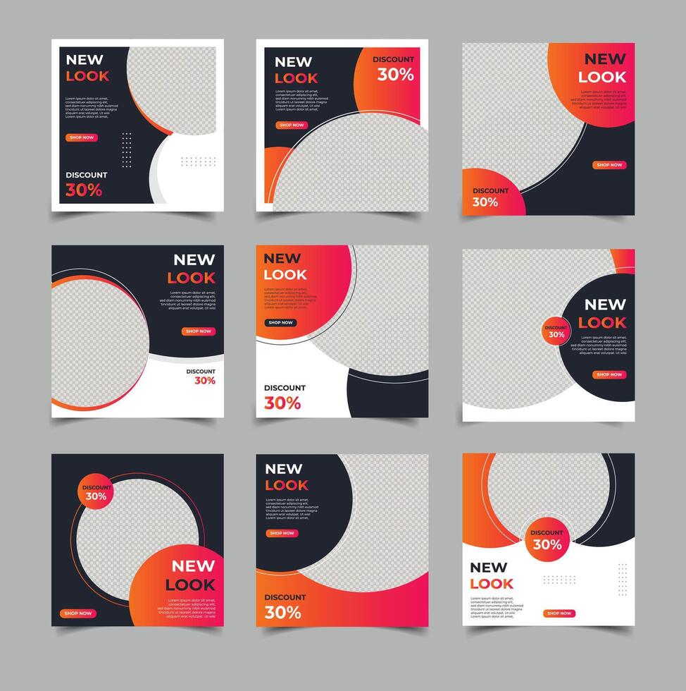 A set of four social media banners with orange, black and white designs vector