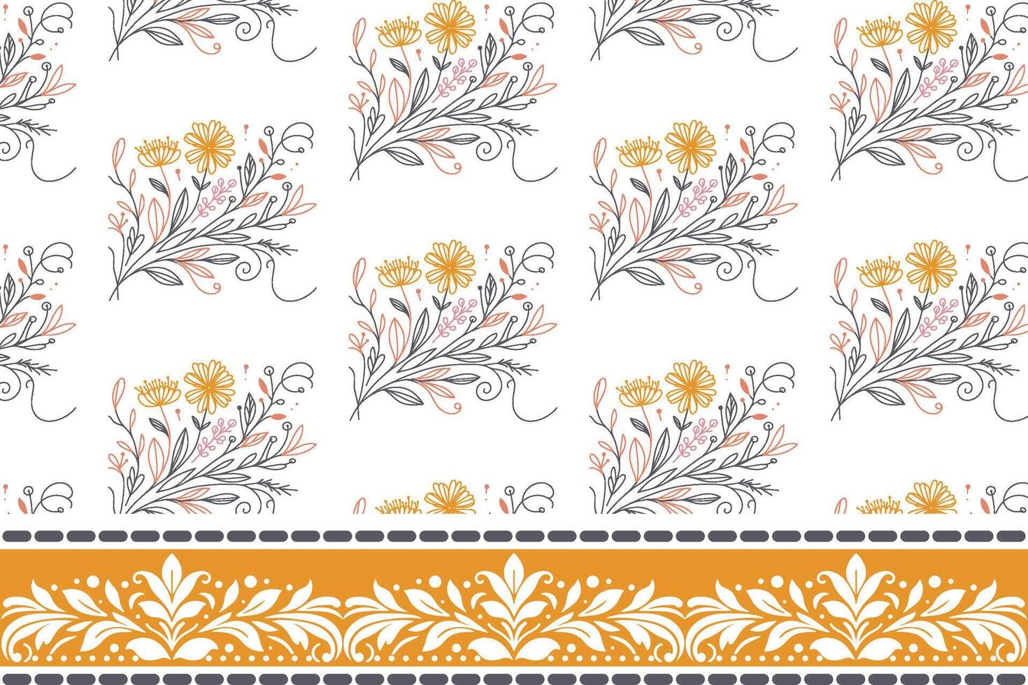 natural cotton flower border pattern with linear sketch design for stylish textile applications and fashion prints vector
