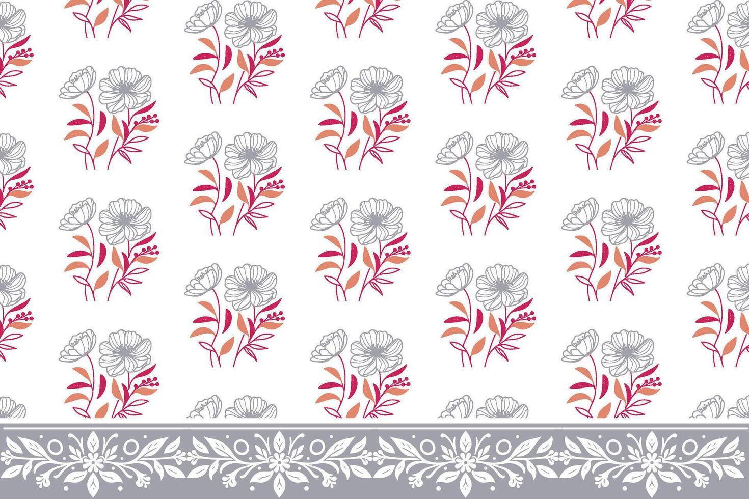 botanical line art pattern with structured floral border for wrapping paper fashion fabric and home textile items vector