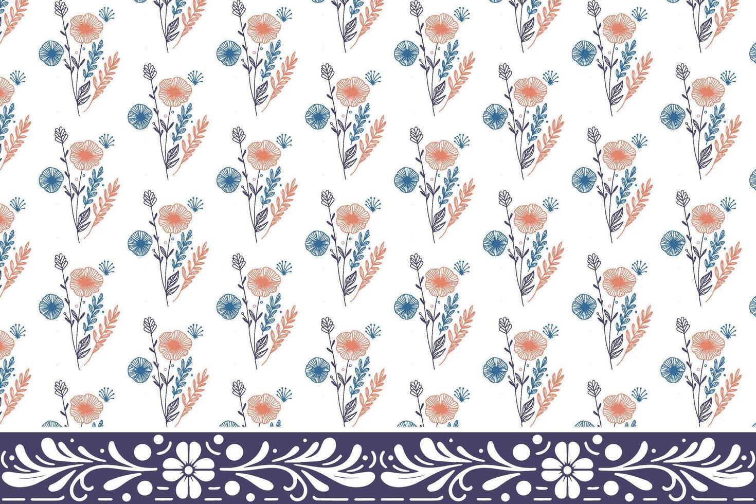 elegant floral outline pattern with ornamental border for fabric packaging kitchen textile and home interior products vector