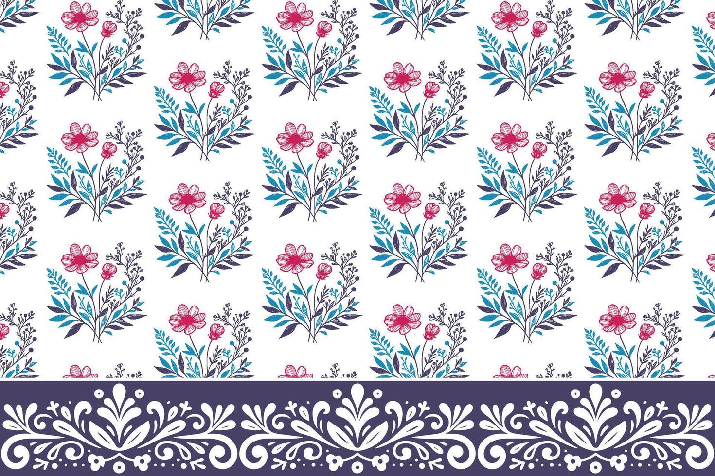 hand drawn line floral pattern with linear border for wrapping paper home textile products and fashionable kitchen prints vector