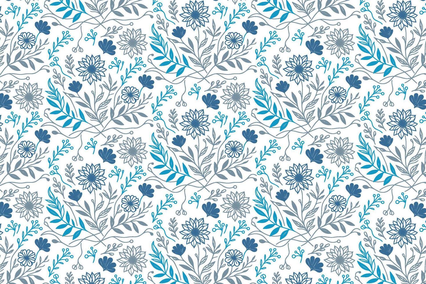 floral blue pattern with rose and cotton line sketches for trendy textile design applications in fashion and kitchen use vector