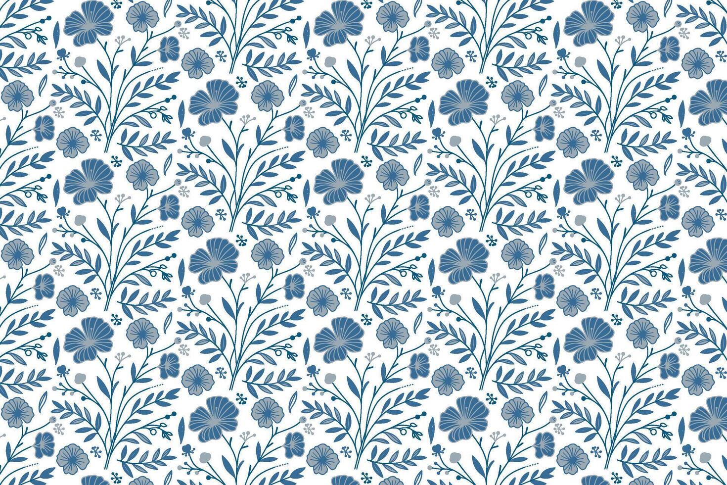 one line botanical floral pattern in blue featuring minimalist cotton bloom sketches for trendy textile and packaging uses vector