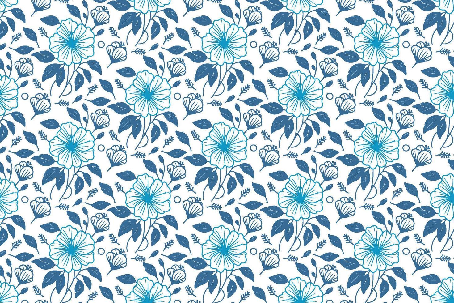 blue outline floral pattern with single line sketches of trendy flowers for modern textile applications and wrapping fabric vector
