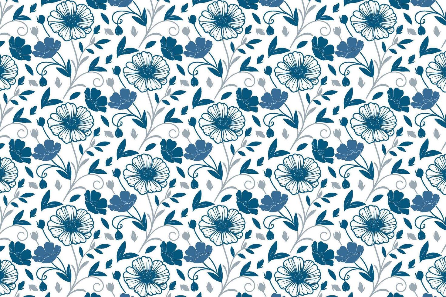 cotton flower blue pattern in line art style for contemporary textile applications pillow printing and wrapping design vector