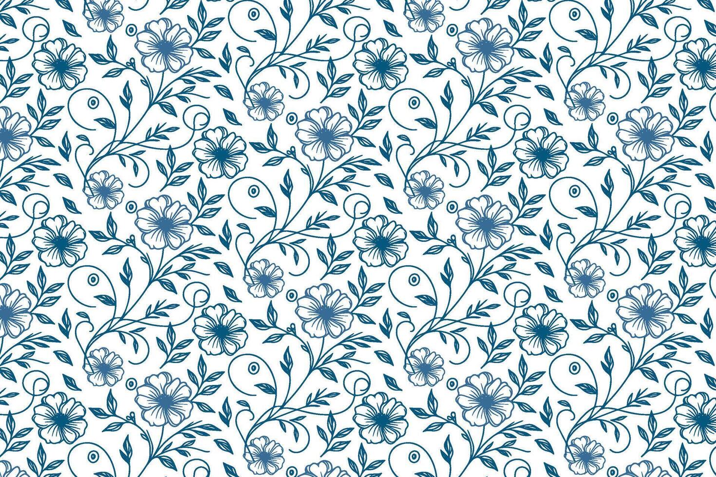 line art floral pattern in blue with hand drawn roses and cotton blooms for use in textile printing wallpaper and wrapping vector