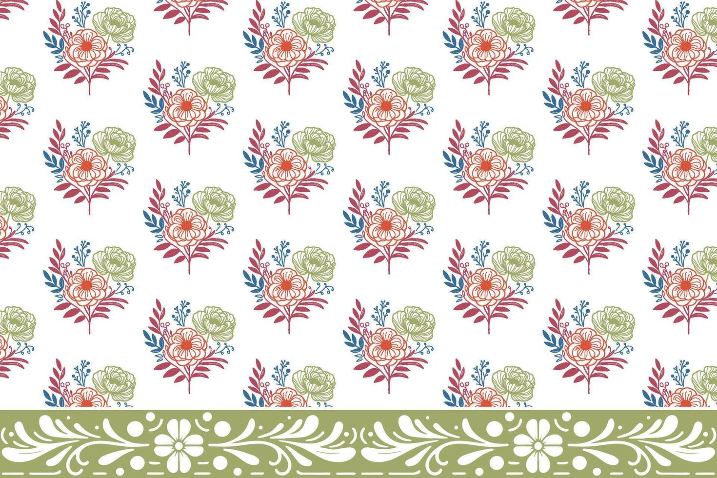 one line decorative flower pattern with structured floral border for modern interior fabric and trendy fashion use vector
