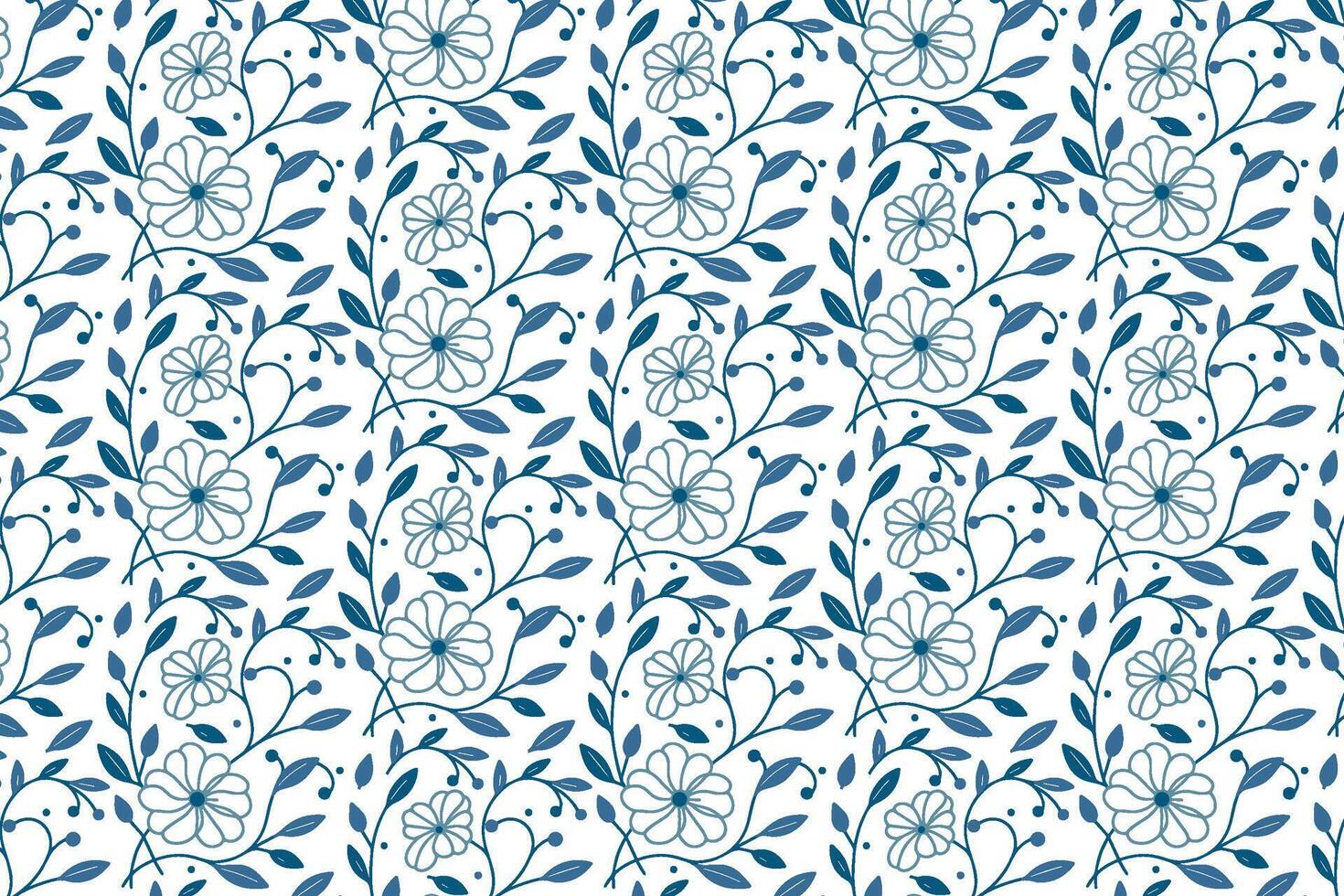 blue floral line art pattern with cotton and rose sketches perfect for textile use in bedsheets pillowcases and packaging vector