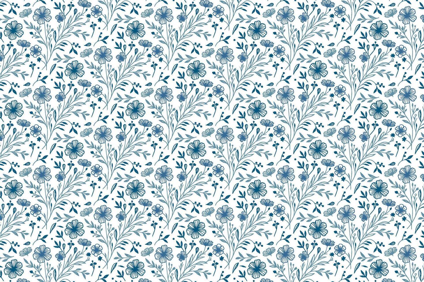 abstract botanical rose and leaf pattern in blue with hand drawn lines for fashion textile fabric and wrapping packaging vector