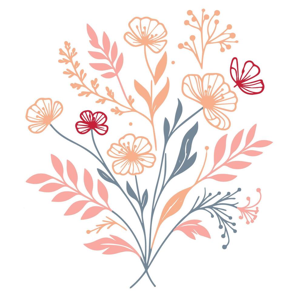 hand painted botanical flower artwork in minimalist line style perfect for fashion prints digital textiles cushion projects and elegant wedding material applications vector
