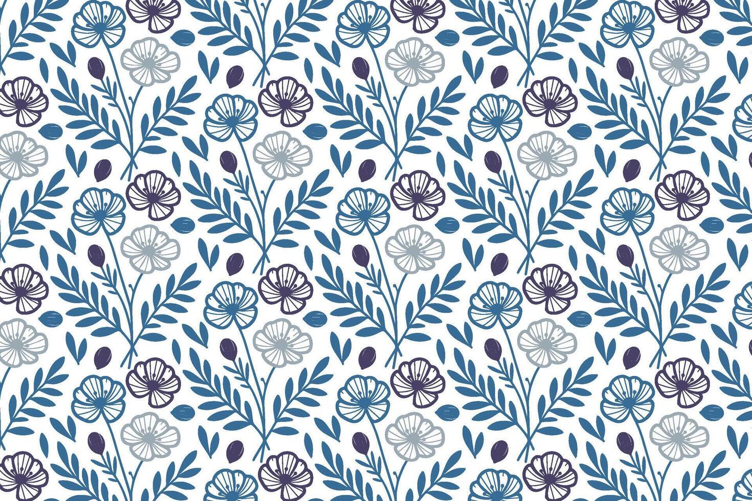 blue pattern of hand drawn floral outlines with single line cotton flowers for wrapping packaging and textile applications vector