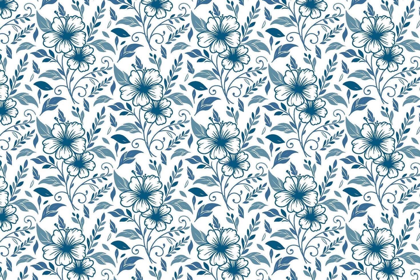 abstract blue flower sketch pattern with cotton blooms and line art for fashion use including kitchen textile and fabric print vector