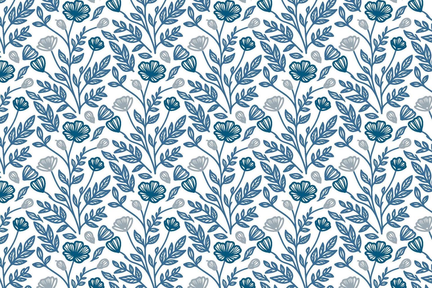 blue rose and cotton flower pattern in continuous sketch line art for wrapping textile designs and modern pillow fabrics vector