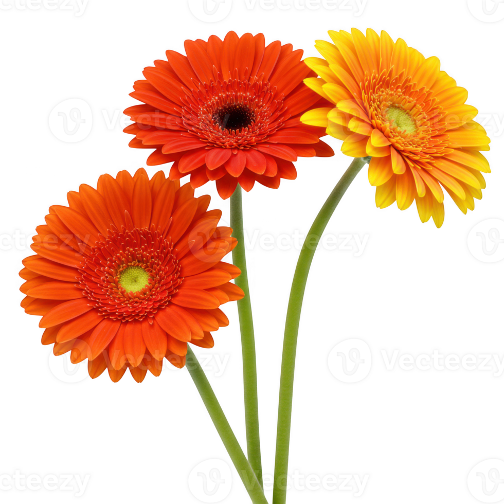 Three gerbera daisies in orange and yellow isolated on transparent background png